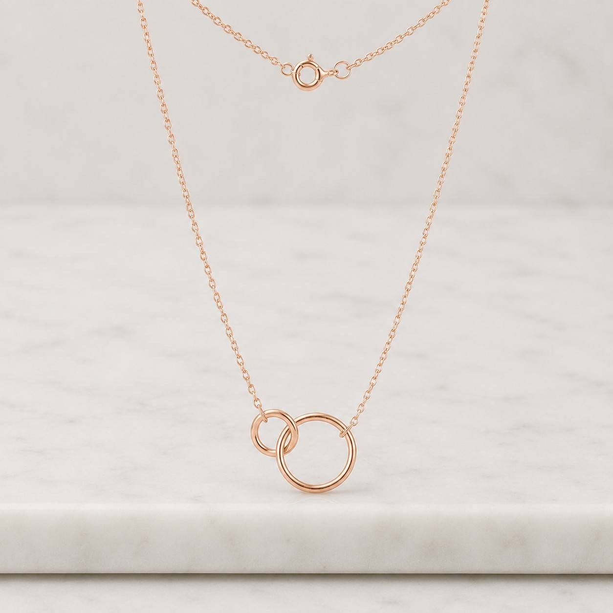 dainty gold interlocking circle necklace, double ring linked necklace, minimalist infinity