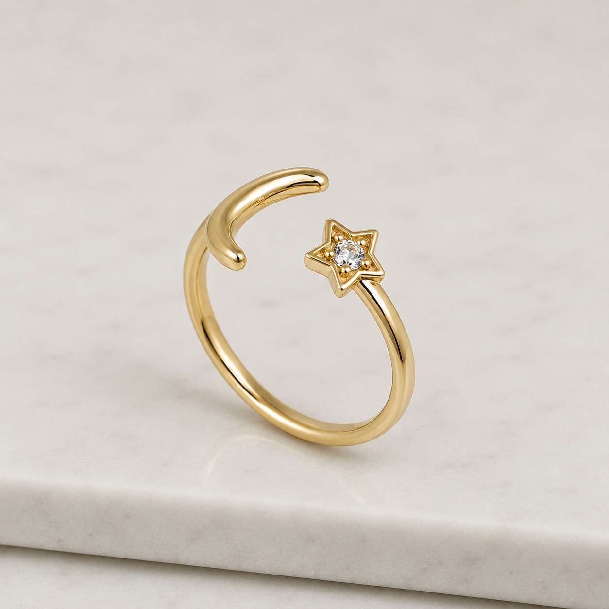moon & star round cut lab grown diamond open ring in 14k yellow gold