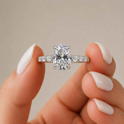 Oval Cut Lab Grown Diamond Pavé Engagement Ring in 14K White Gold