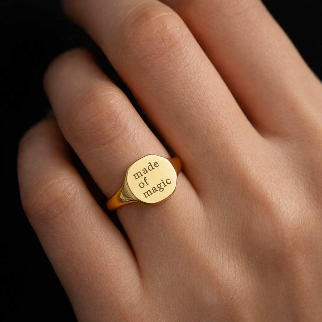 engraved gold tone signet ring for men