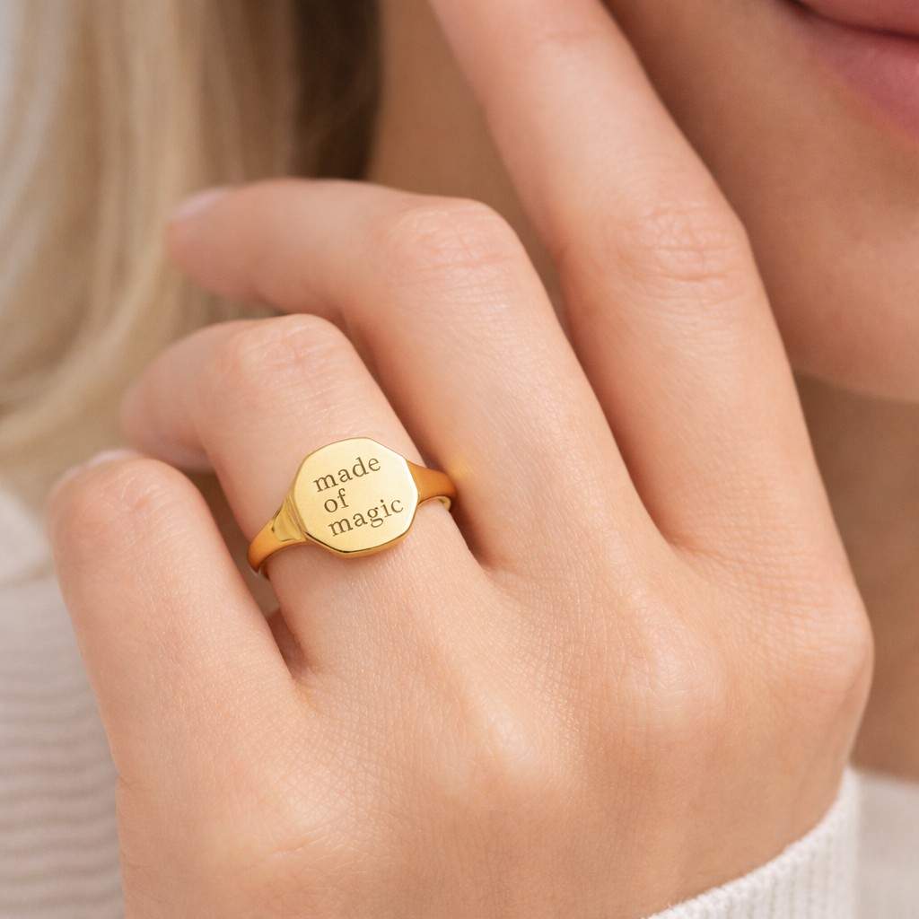 engraved gold tone signet ring for men