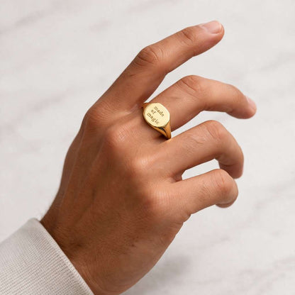 Engraved Gold Tone Signet Ring for Men