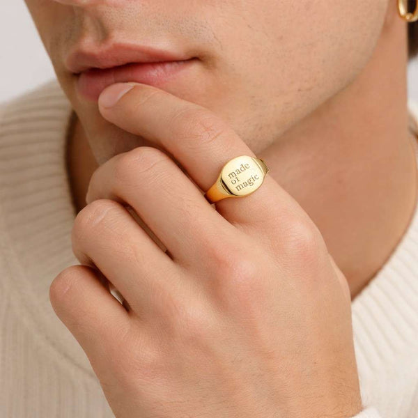 Engraved Gold Tone Signet Ring for Men