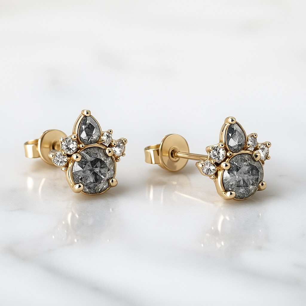 14K Gold Salt And Pepper Round Diamond Cluster Earrings