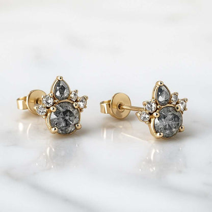 14K Gold Salt And Pepper Round Diamond Cluster Earrings
