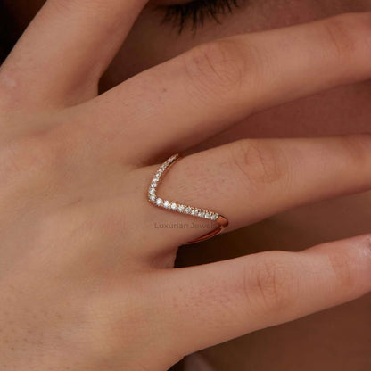  Chevron Delicate Engagement Band 14K Yellow Gold Half Eternity Ring