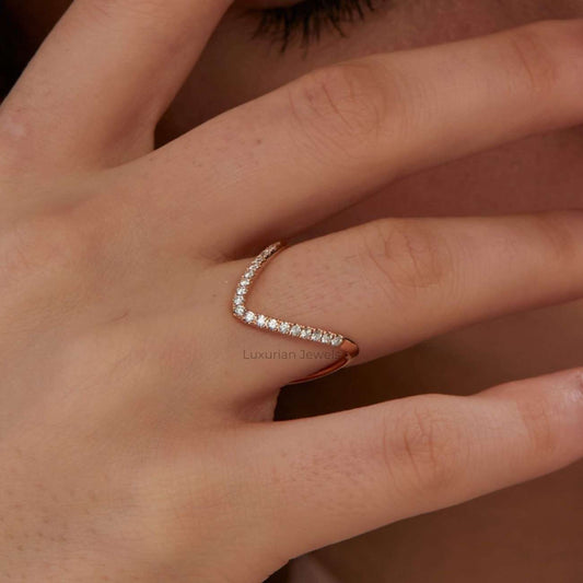  Chevron Delicate Engagement Band 14K Yellow Gold Half Eternity Ring