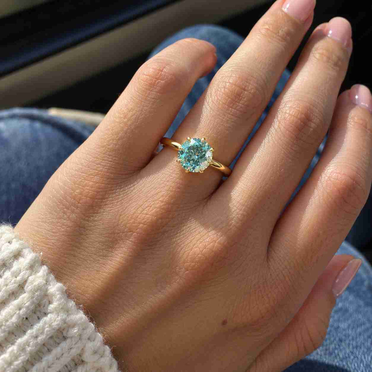 classic 2 ct portuguese cut cyan blue moissanite ring, 