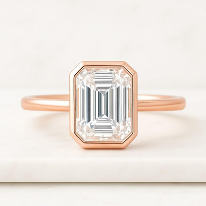 Classic Solitaire Anniversary Ring Forever One Ring Emerald Cut Simulated Diamond Ring 14k Gold Plated Sterling Silver Bezel Setting