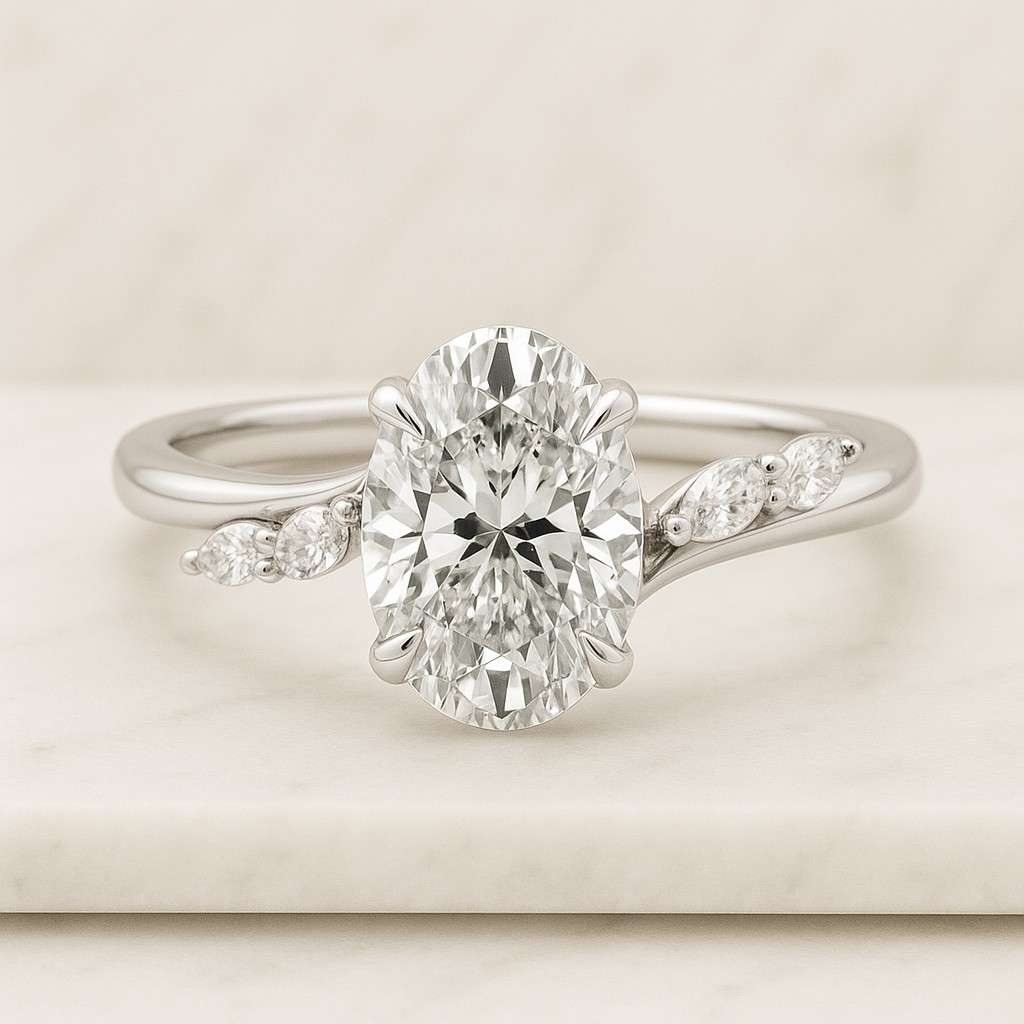 Classic Twisted Shank Band Solid Gold Promise Ring Oval Solitaire Diamond Engagement Ring with Pavé Band