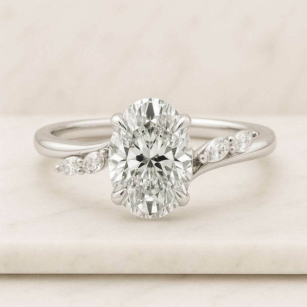 Classic Twisted Shank Band Solid Gold Promise Ring Oval Solitaire Diamond Engagement Ring with Pavé Band