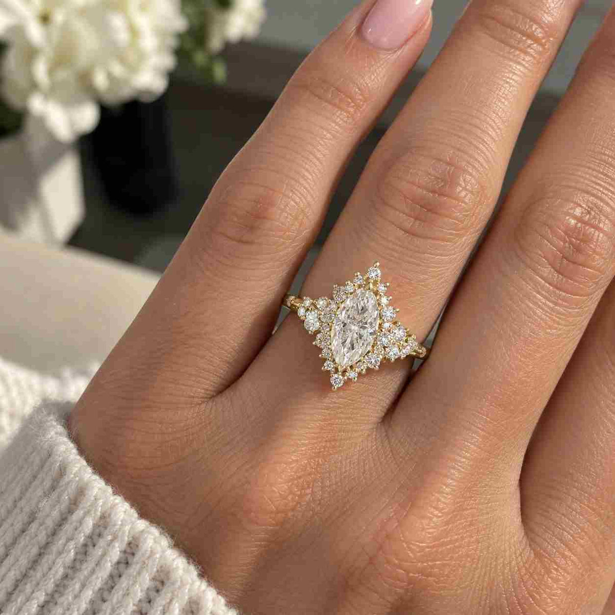 cluster 3.00 ct marquise cut lab grown diamond ring art deco engagement rings art deco14k gold nature inspired ring wedding rings for women
