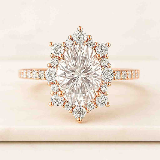 Cluster Diamond Engagement Ring Vintage Rose Gold Oval Moissanite Wedding Ring Snowdrift Ring Lab Grown Diamond Bridal Promise Ring