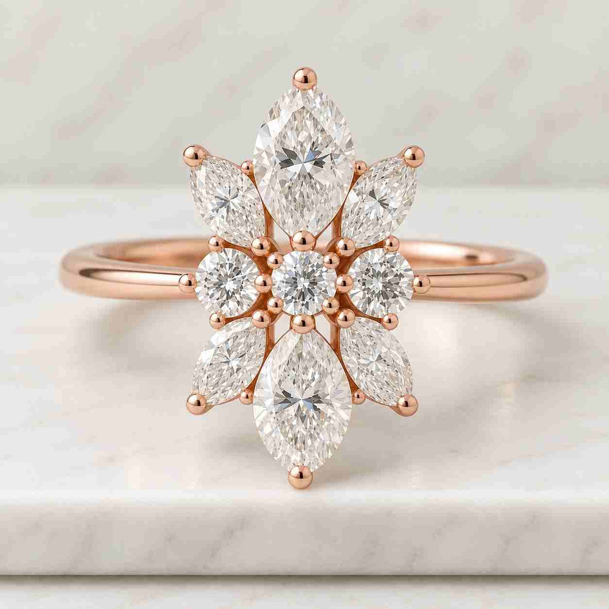Cluster Marquise Diamond Ring, Sunburst Halo Engagement Ring, IGI Certified Lab Grown Diamond Wedding Ring, Unique Bridal Ring