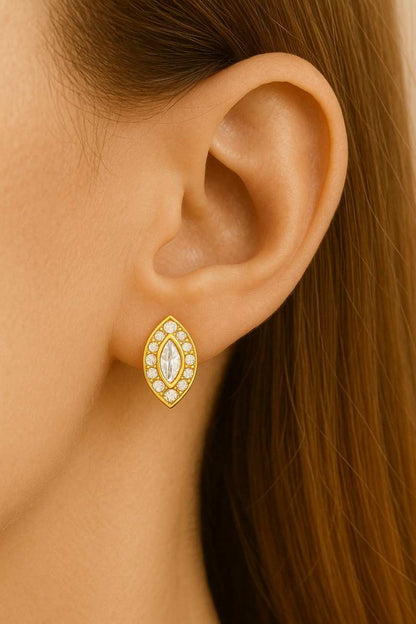 Colorless Marquise Cut Moissanite Earrings Push Back Style 2 Prong Set Round Cut Half Halo Stud Designer Wedding Anniversary Earring Lotus Lab Grown Diamond Cluster Earrings 14K Rose Gold Floral Halo Unique Design