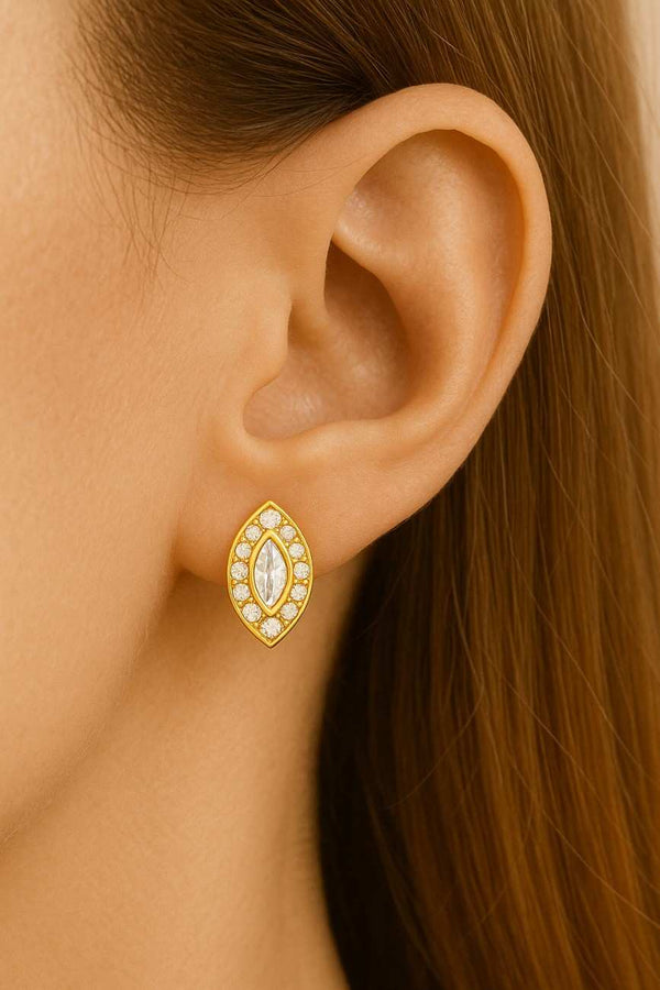 Colorless Marquise Cut Moissanite Earrings Push Back Style 2 Prong Set Round Cut Half Halo Stud Designer Wedding Anniversary Earring Lotus Lab Grown Diamond Cluster Earrings 14K Rose Gold Floral Halo Unique Design