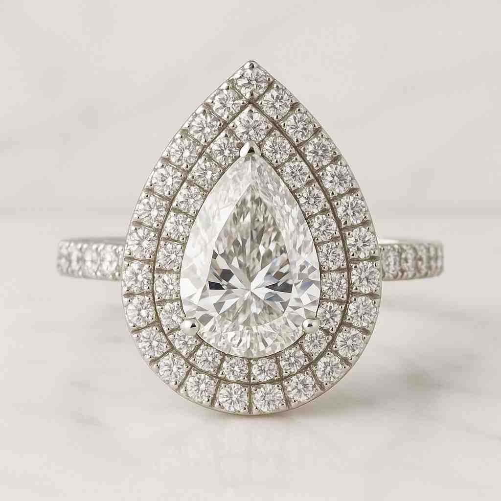 Colorless Pear And Round Cut Moissanite Diamond Womens Ring Double Halo Teardrop Ring Wedding Bridal Ring 14K White Gold Engagement Ring