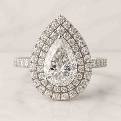 Colorless Pear And Round Cut Moissanite Diamond Womens Ring Double Halo Teardrop Ring Wedding Bridal Ring 14K White Gold Engagement Ring