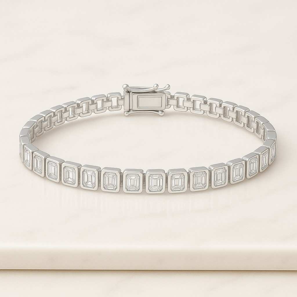 Emerald Cut Lab Grown Diamond Bezel Tennis Bracelet Sleek Modern Jewelry for Women