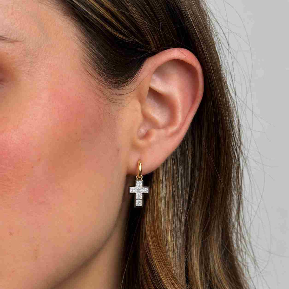 Cross Gypset Hoop Earrings,Princess Cut Diamond Cross Dangles,14k Gold Religious Charm Earrings,Georgian Blackened White Gold Crucifix Drops
