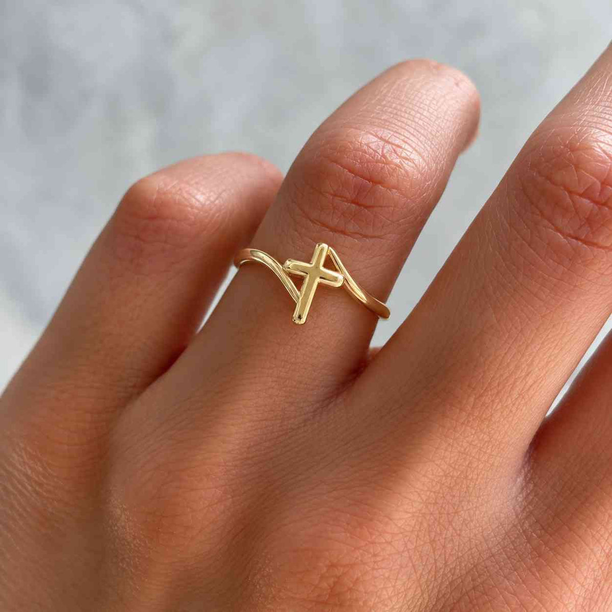 cross ring, 14k gold plated, dainty minimalist ring, stackable band, simple ring, sideways cross ring, religious jewelry, gift for her
