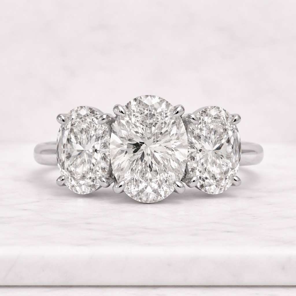 crushed ice cut simulated diamond oval ice cut 3 stone trilogy ring