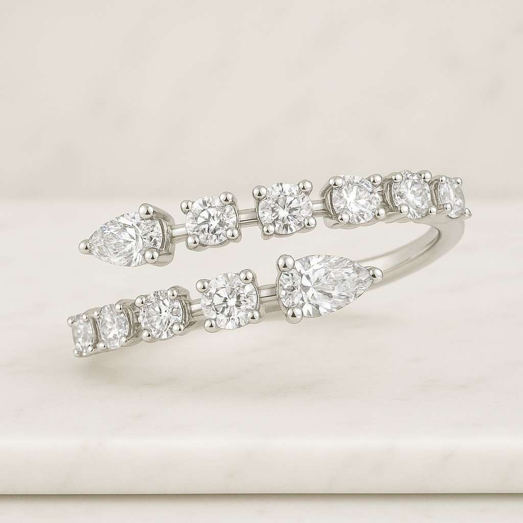 Curved Bypass Diamond Ring Teardrop Proposal Ring 925 Sterling Silver