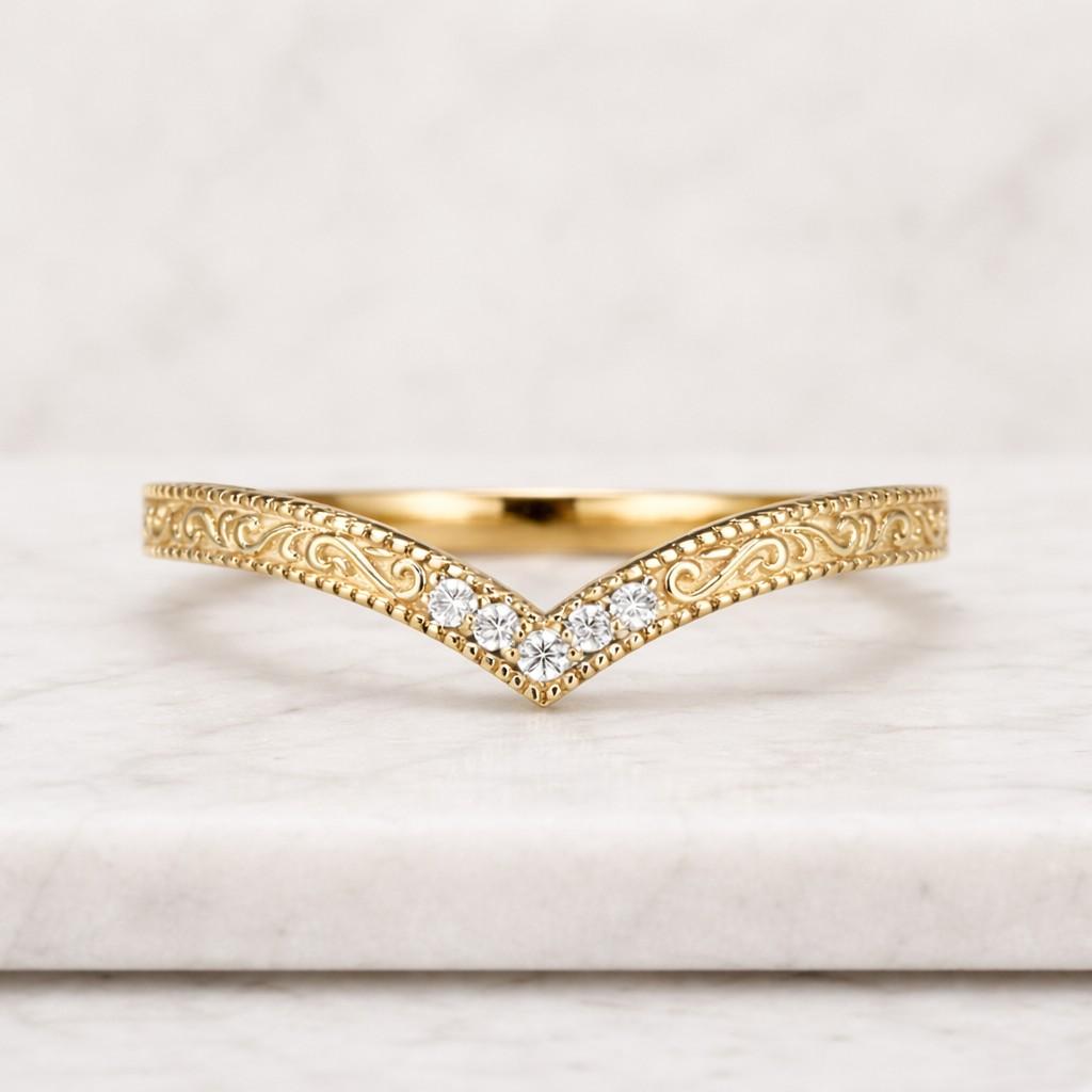 vintage moissanite curved engraved wedding band gold wedding rings handmade stackable promise rings for women by goldenxanadujewelry
