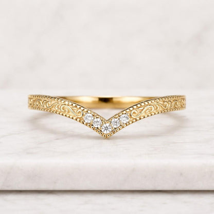 Vintage Moissanite Curved Engraved Wedding Band Gold Wedding Rings Handmade Stackable Promise Rings for Women by Goldenxanadujewelry
