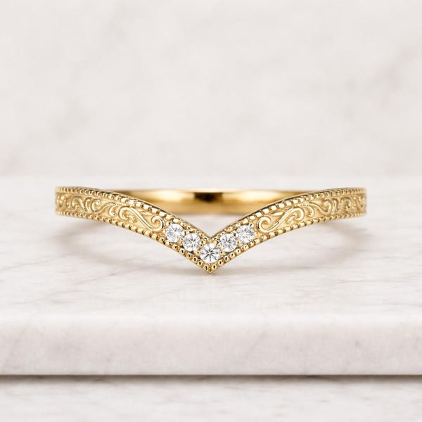 Vintage Moissanite Curved Engraved Wedding Band Gold Wedding Rings Handmade Stackable Promise Rings for Women by Goldenxanadujewelry
