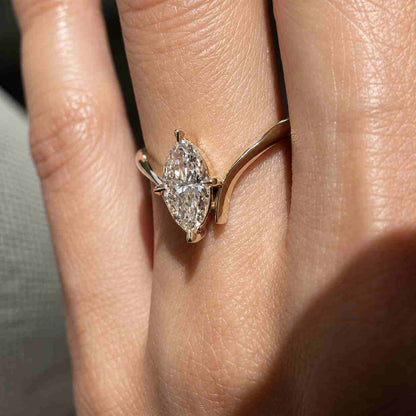  Curved Diamond Wedding Band | Marquise Solitaire Bridal Ring | Stacking Ring Set