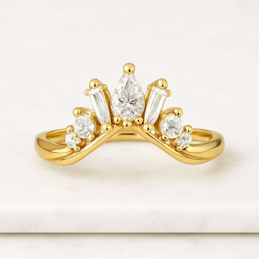 Curved Diamond Wedding Ring Marquise Stackable Ring for Engagement Ring Real Lab Grown Diamond Round Half Eternity Diamond Ring