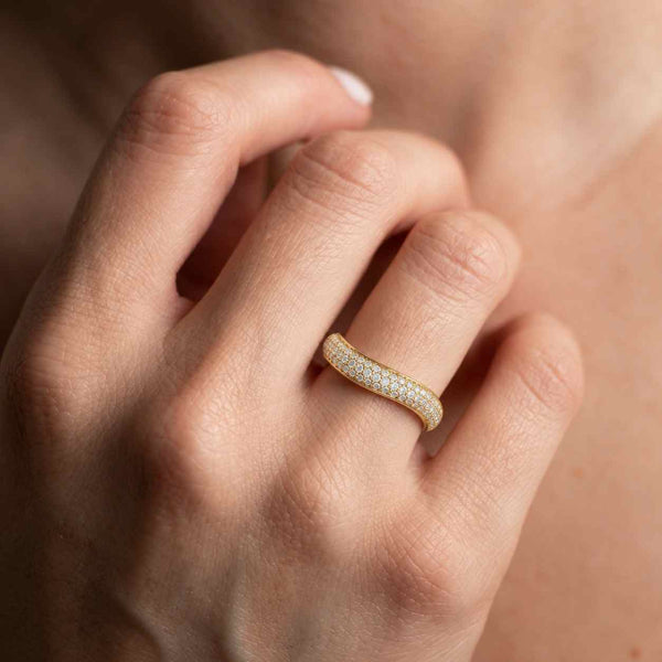 Curved Floating Diamond Wedding Band in 14K Yellow Gold, Lab Grown Round Bubble Ring on Wave Band, Nesting Anniversary Gift
