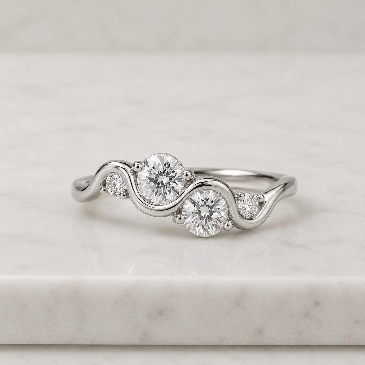 Curved Moissanite Diamond Cluster Ring, Wavy 14K Gold Stacking Ring, Unique Engagement Ring, Minimalist Curved Wedding Band, Gift for Her
