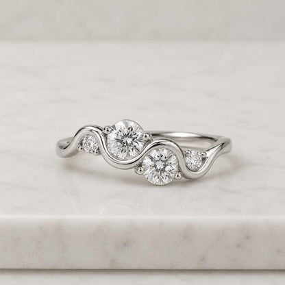 Curved Moissanite Diamond Cluster Ring, Wavy 14K Gold Stacking Ring, Unique Engagement Ring, Minimalist Curved Wedding Band, Gift for Her
