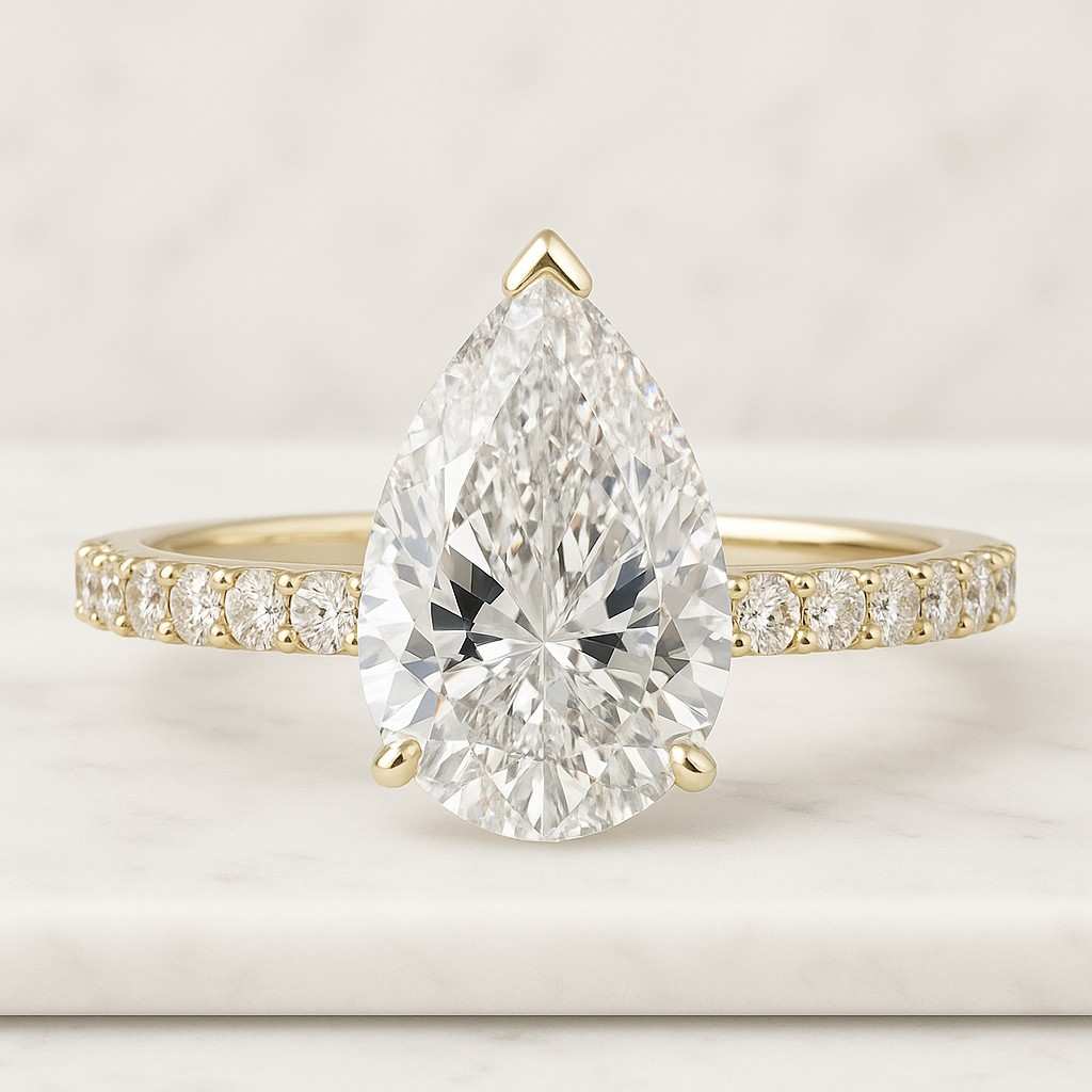 curved pear cut lab-grown diamond or moissanite wedding band 14k gold half-pave ring