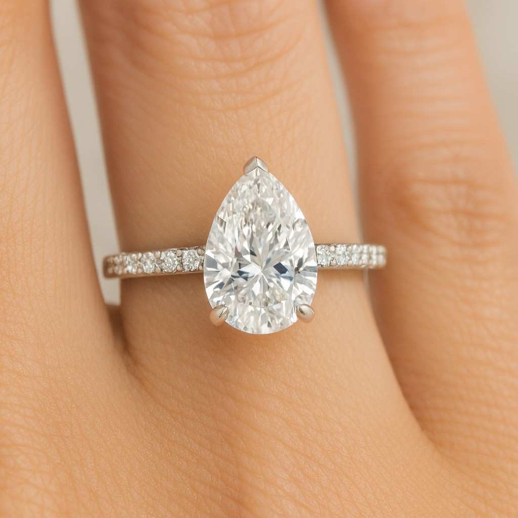 Curved Pear Cut Lab-Grown Diamond or Moissanite Wedding Band 14k Gold Pave Ring