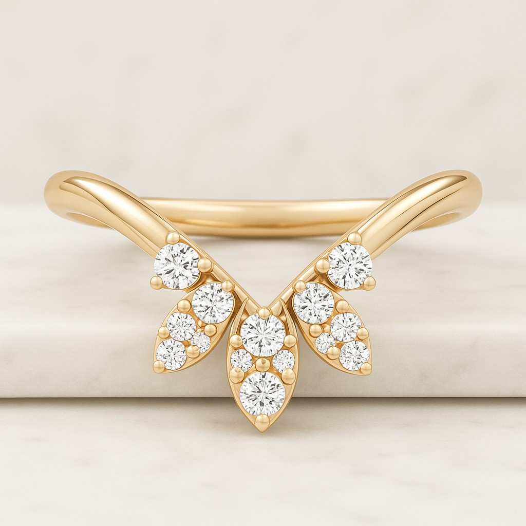 Curved Round Colorless Engagement Ring Minimalist Contour Band Three Stone Band Trilogy Wedding Band Past Present Future Band