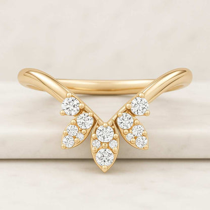 Curved Round Colorless Engagement Ring Minimalist Contour Band Three Stone Band Trilogy Wedding Band Past Present Future Band