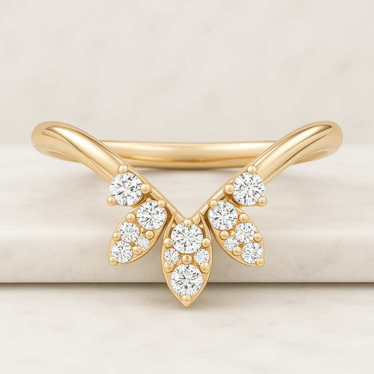 Curved Round Colorless Engagement Ring Minimalist Contour Band Three Stone Band Trilogy Wedding Band Past Present Future Band