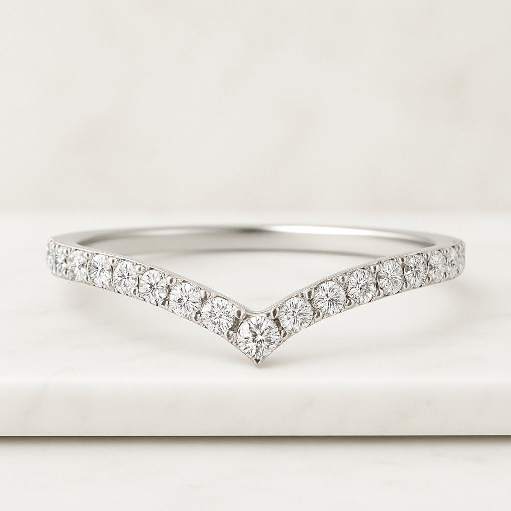 Curved Wedding Band Round Lab Diamond Full Eternity Band Bezel Set Wedding Band Chevron Stacking Ring Lab Grown Diamond Womens Matching