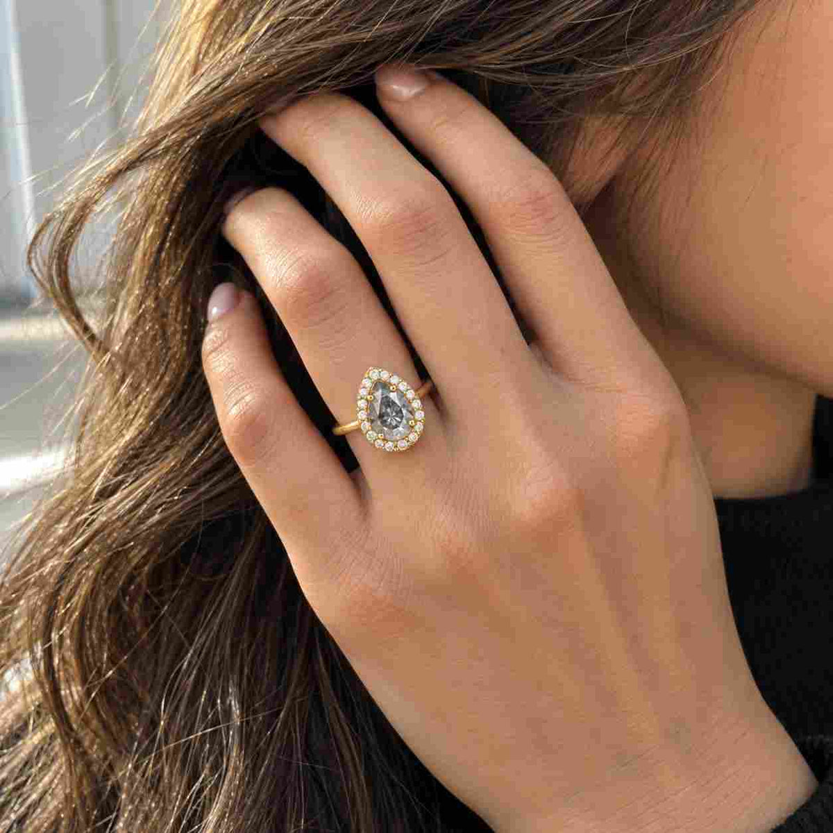 curved wedding band set, pear solitaire ring, bridal ring, promise ring, gift for her