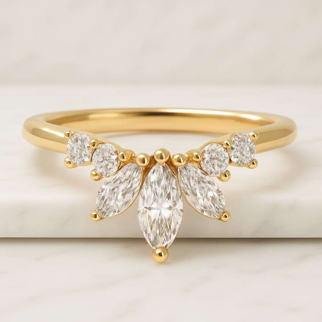 curved wedding ring women real marquise lab grown diamond ring unique crown dailywear ring for her tiara stackable ring with engagement ring