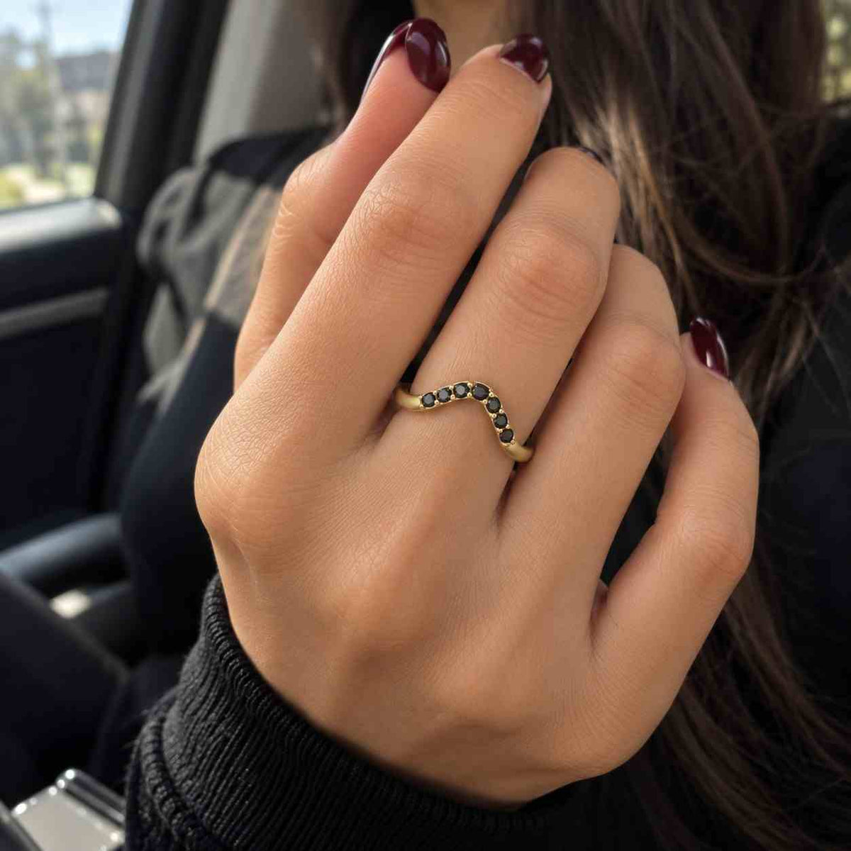 Curved wedding band 0.77 TW Round Salt And Pepper Diamond ring Chic Thin V Shaped band Silver10K14K18K Band Half eternity band LL471