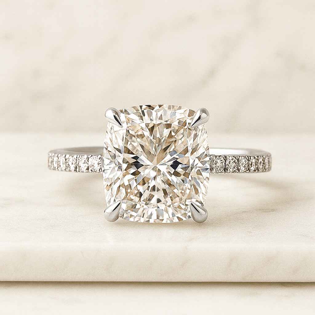 Cushion Cut Lab Grown Diamond Ring Solitaire Hidden Halo Engagement Ring Pave Cathedral Setting Anniversary Ring for Gift IGI Certified Ring