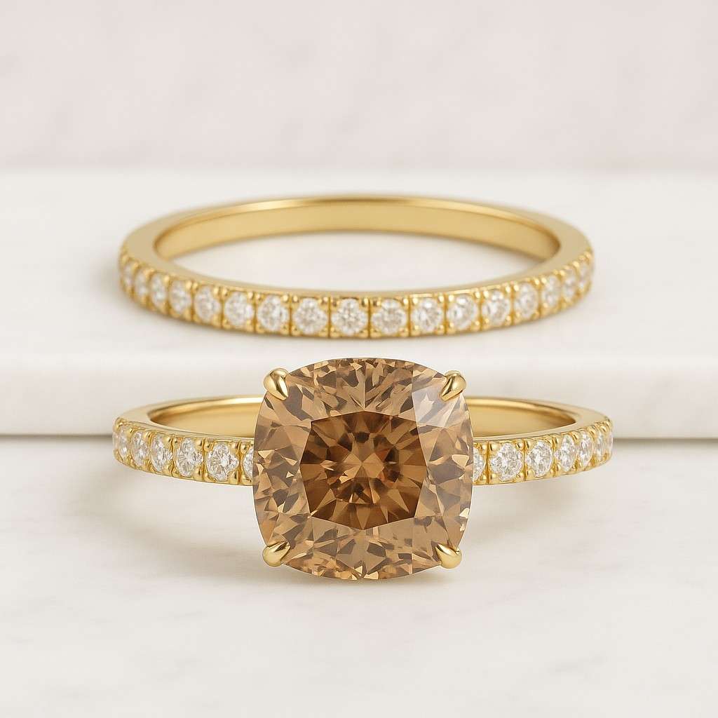 Cushion Cut Brown Diamond Halo Engagement Ring Side Round Diamond Wedding Ring