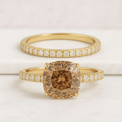 Cushion Cut Brown Diamond Halo Engagement Ring Side Round Diamond Wedding Ring