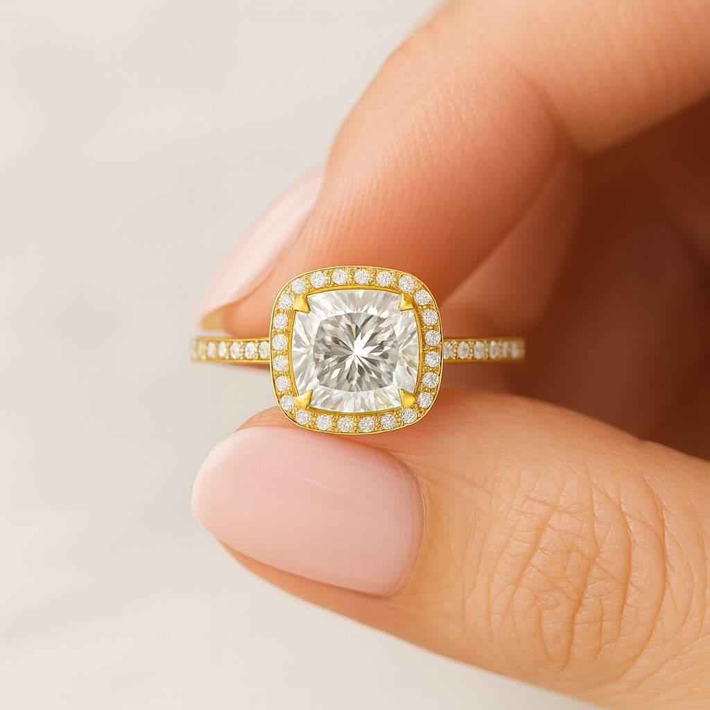 Cushion Cut Lab Diamond Halo Engagement Ring Pave Band