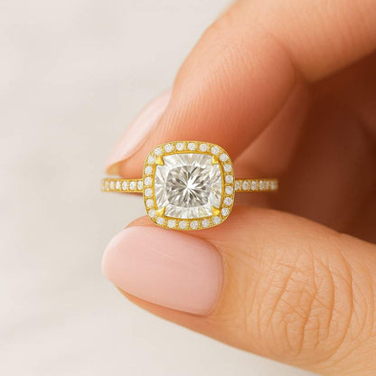 Cushion Cut Lab Diamond Halo Engagement Ring Pave Band