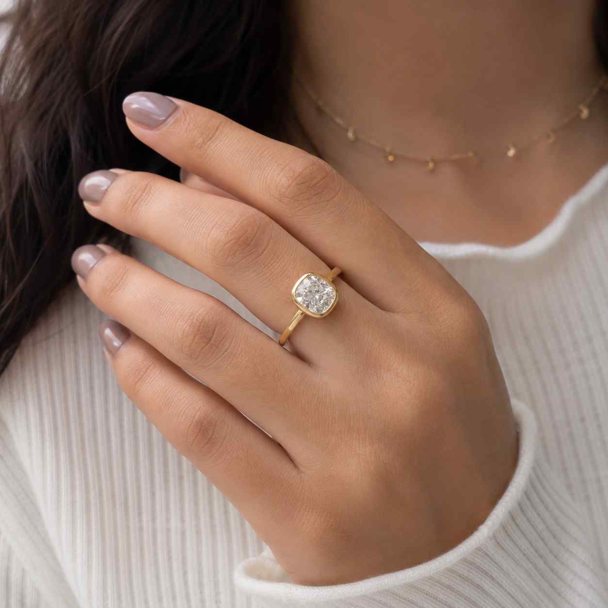 cushion cut lab grown diamond engagement ring bezel set | igi certified | 10k 14k 18k gold, platinum & silver